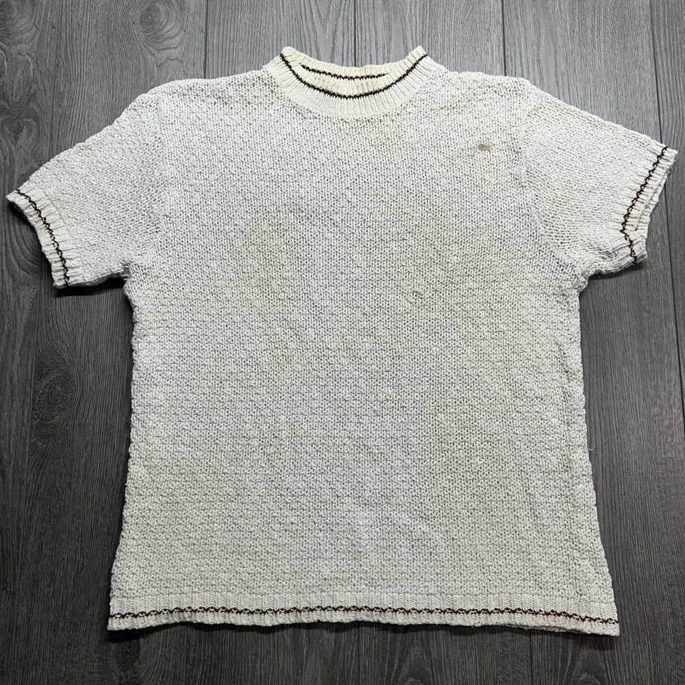 Vintage 90s Mens Cream Cotton Knit Short Sleeve Sweater Brown Trim Medium